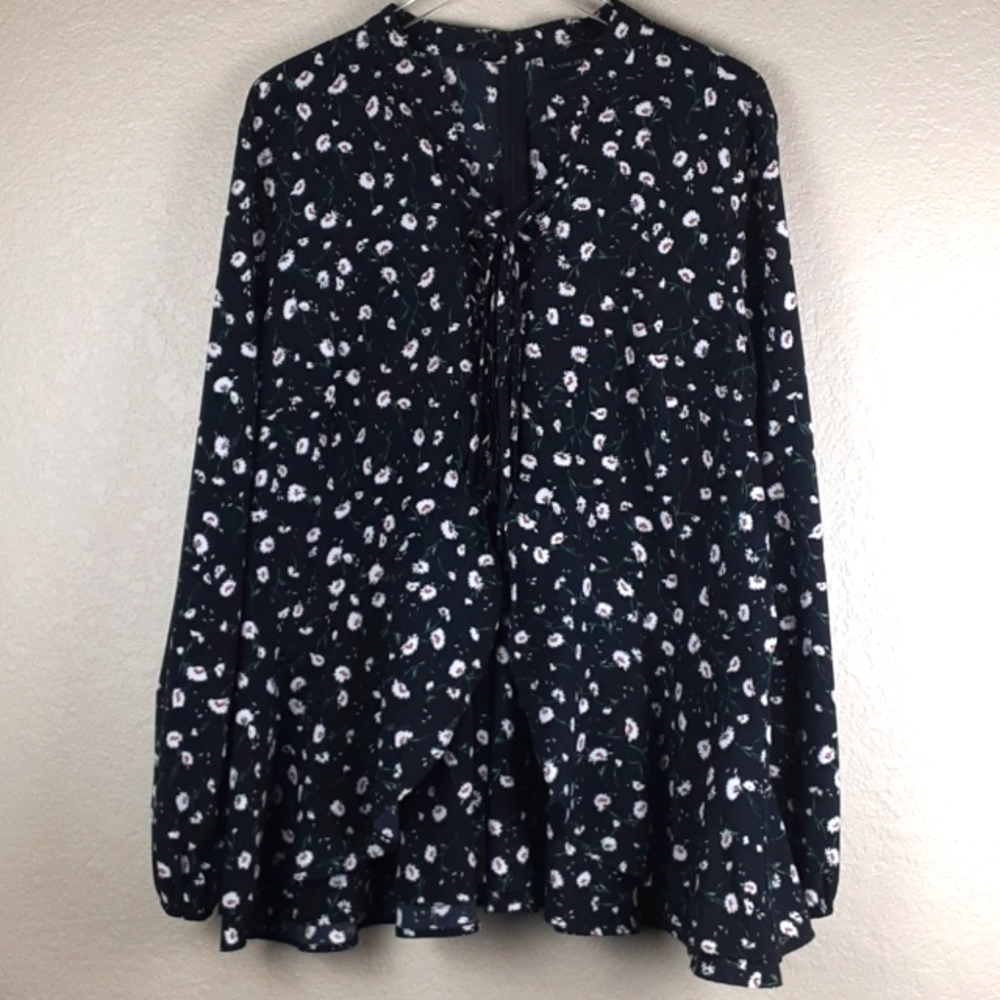 Lane Bryant Floral Ruffle Lace Up Tie Neck Longsleeve Blouse